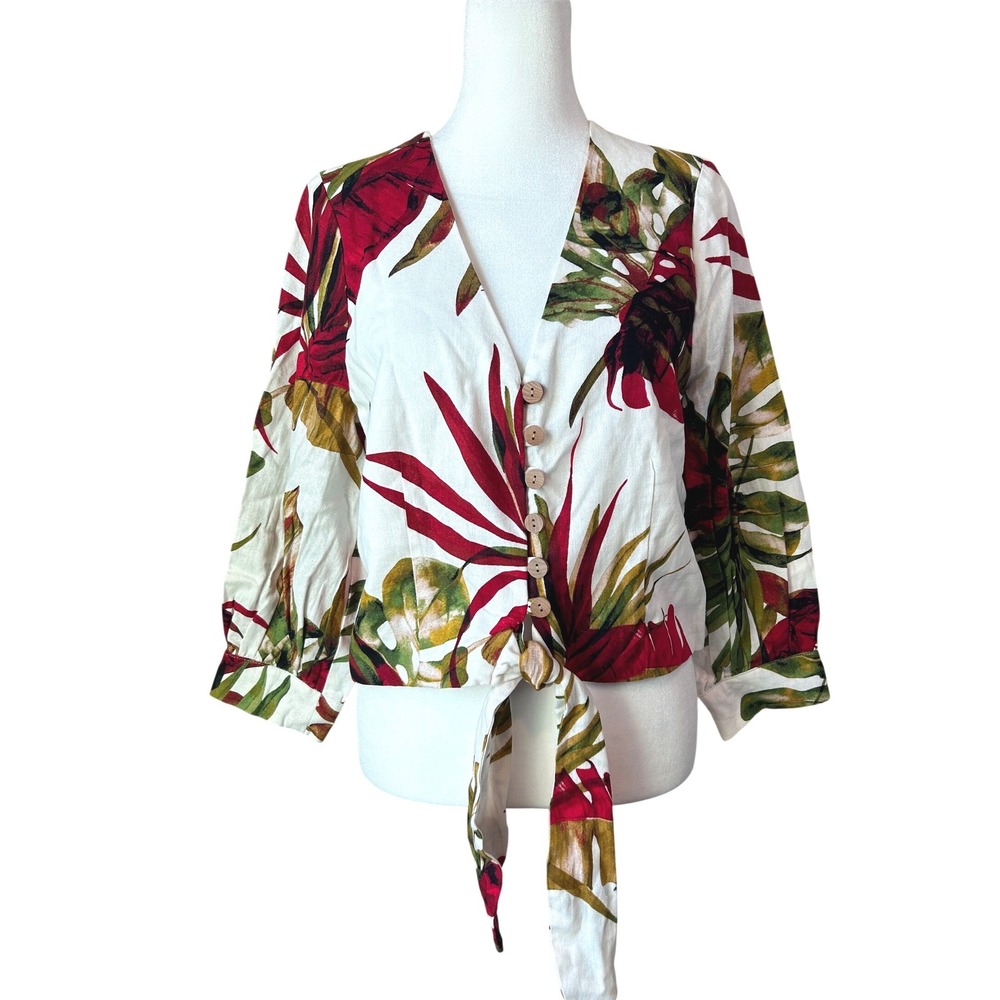 New! Maison d'Amelie tropical leaf print blouse resort summer size Small
